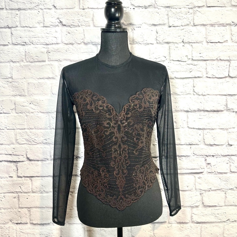 Tadashi Shoji Floral Embroidered Beaded Sheer Top Bodice Size Medium